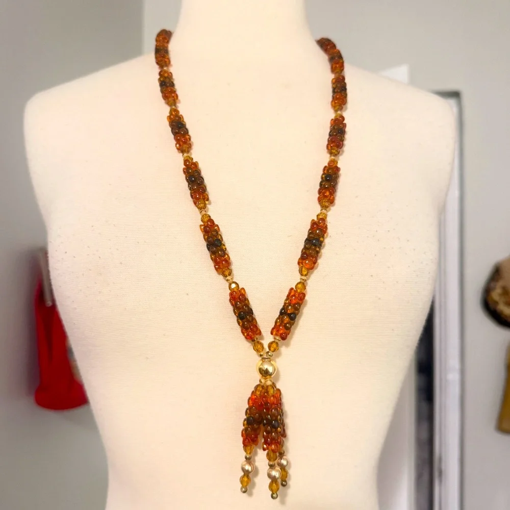 Vintage Boho Beaded Necklace with‎ Tassles, Earthtones